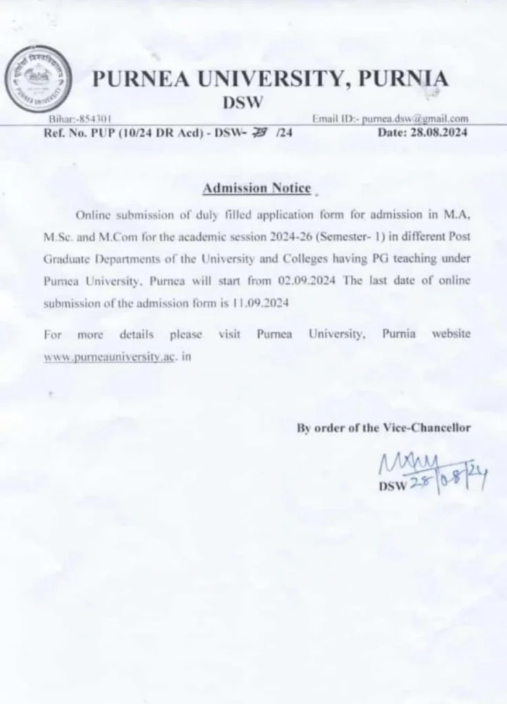 Purnea University PG Admission 2024 Notice